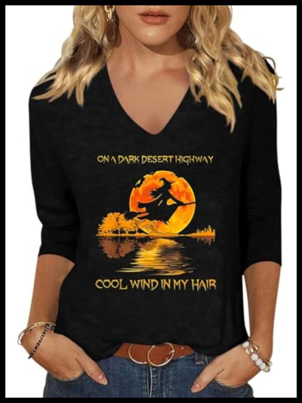 Women's Halloween V Neck 3/4 Sleeve Graphic Tee Cotton Blend Loose Fit